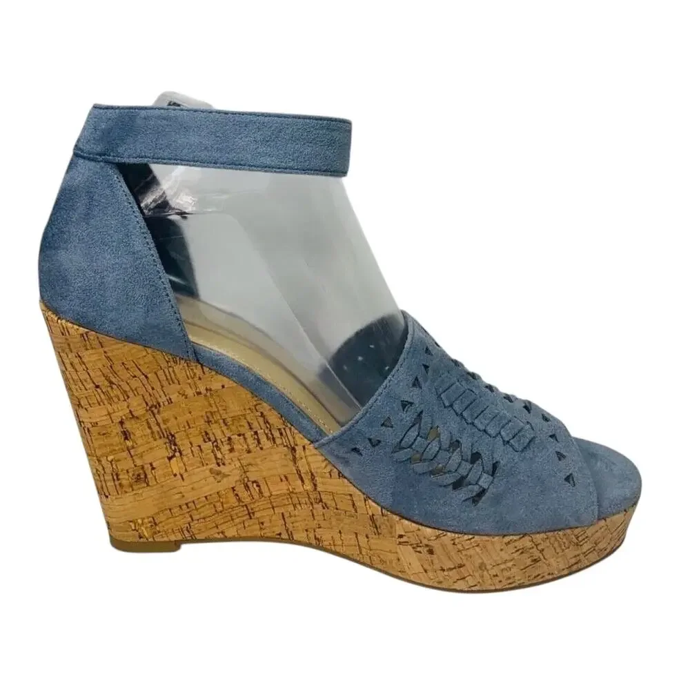 Marc Fisher Batini Faux Suede Wedge Heel Sandals Blue Womens‎ Size 9